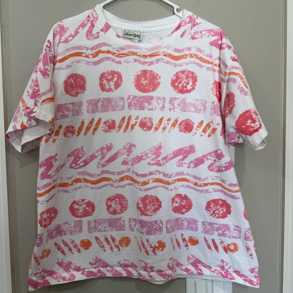 Vintage Jacques‎ Moret Graphic T-Shirt Abstract Print One Size Orange Pink Retro - Picture 1 of 10
